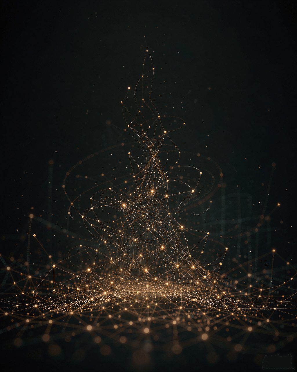 数据能力主题视觉:金色数据点构成的立体数据网络 · Data capability visual: luminous data lattice