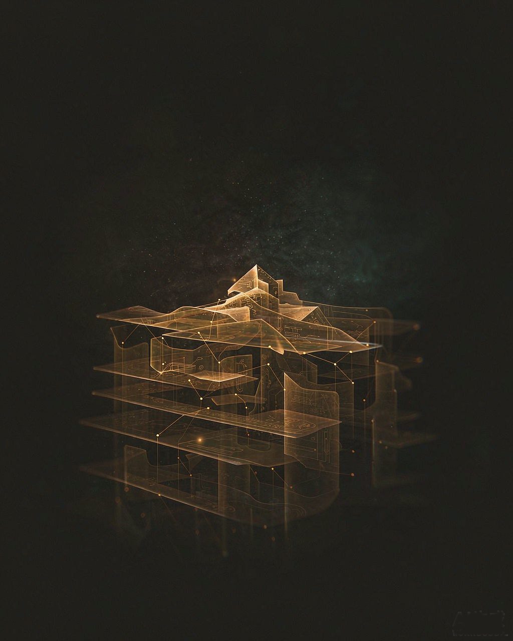 交付能力主题视觉:金色光路堆叠成的安全交付结构 · Secure delivery visual: stacked luminous vault structure